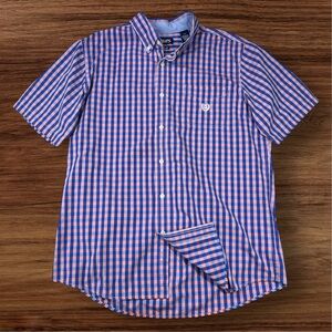 Chaps Blue/Pink Check Pattern Short Sleeve Casual Button Down Shirt. Large.